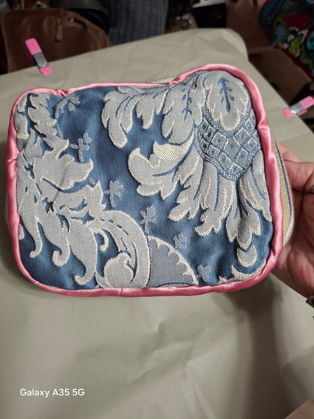 Blue Damask Tapestry Cosmetic Pouch with Pink Trim NWOT